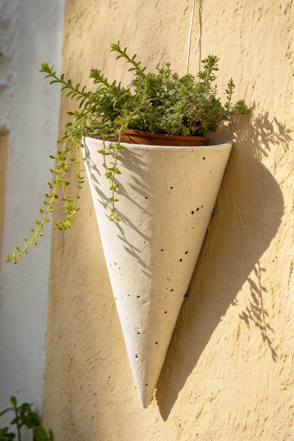 Minimal cone clay wall pocket with air plant, matte finish and Scandinavian boho calm.