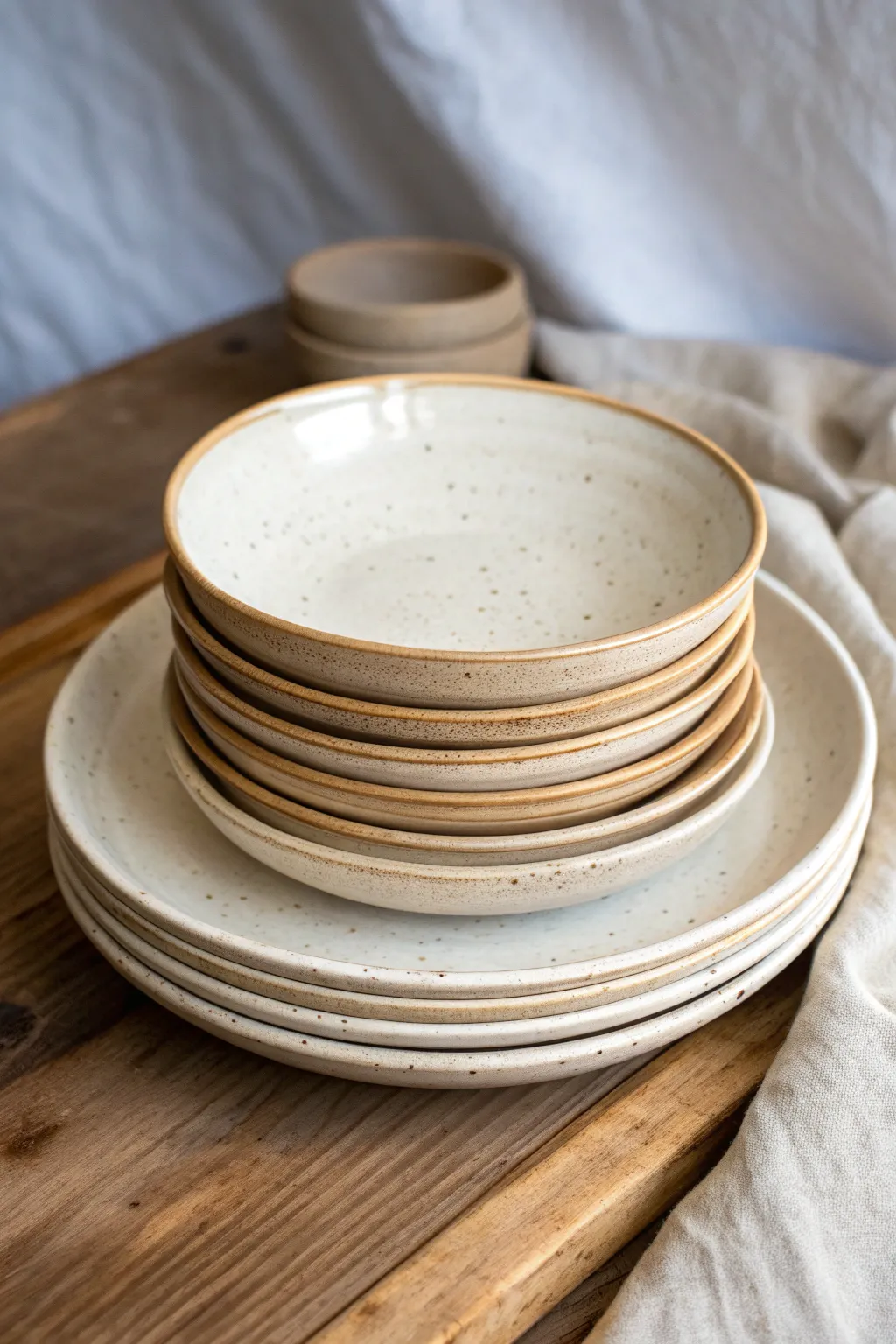 Simple wheel-thrown plates that stack neatly, with a calm glaze palette and handcrafted charm