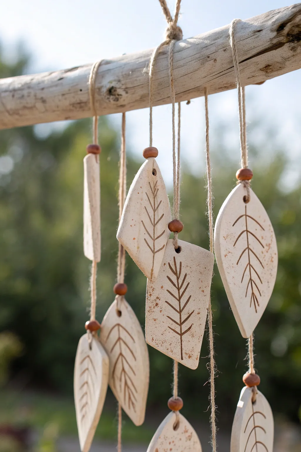 Minimal leaf-imprint clay wind chime strands with crisp textures, made for breezy patios