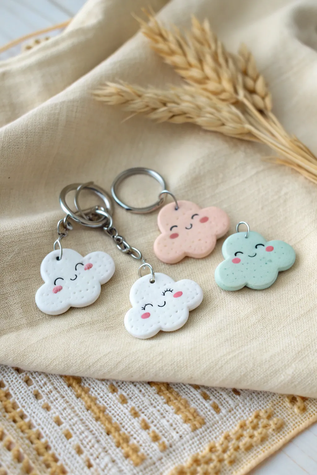 Minimal pastel cloud clay keychain with sweet faces, a dreamy handmade charm for everyday bags.