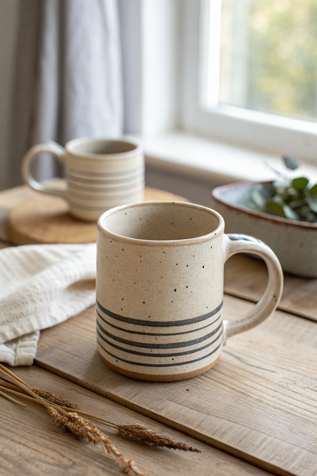 Clean wraparound stripes on a handmade mug, with a soft polka dot option blurred behind.