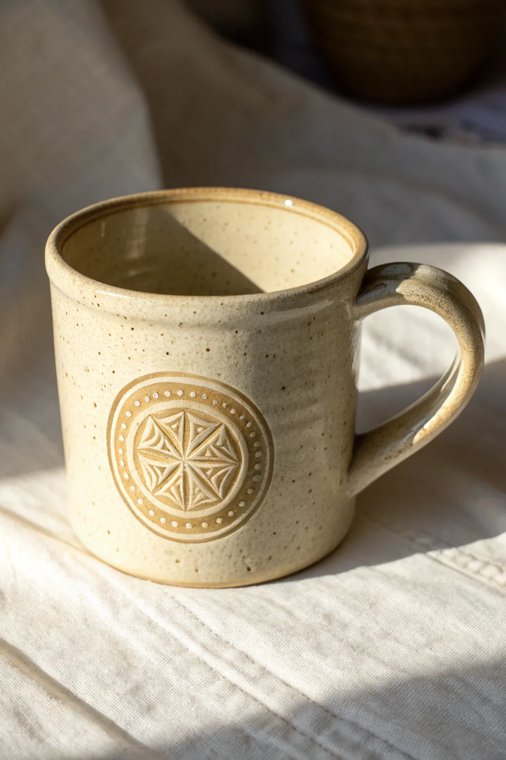 Rounded glossy mug with a raised medallion seal, revealing texture in soft Scandinavian light.
