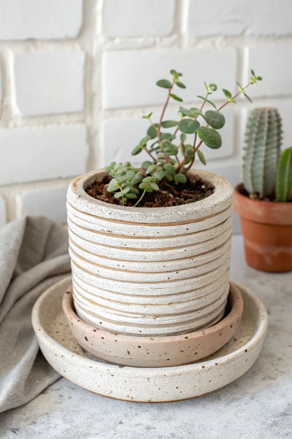 Easy coil planter with matching saucer, styled with a tiny plant in calm Scandinavian tones.