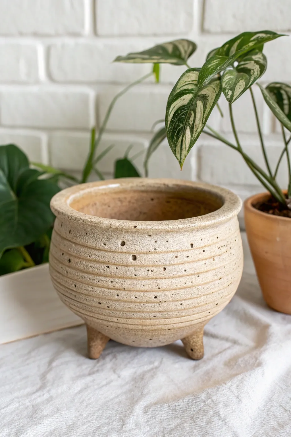 Coil pinch planter with three tiny feet and a clean drainage hole, minimalist and earthy.