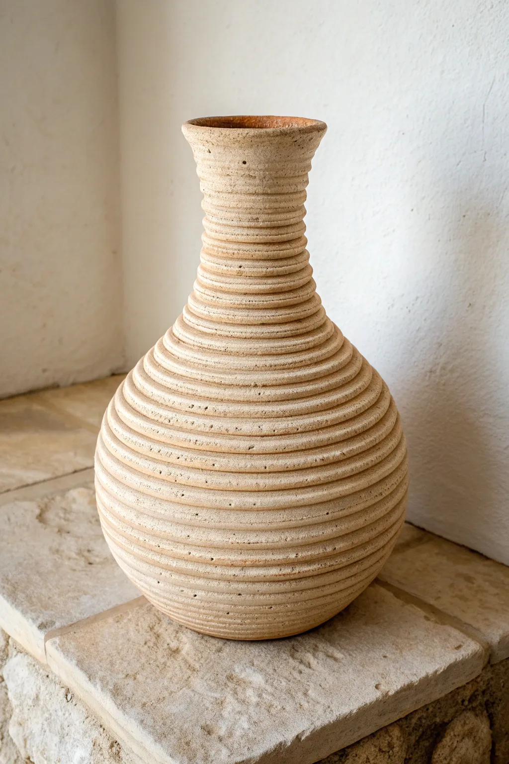 Bell-shaped coil vase with crisp ridges and narrow mouth, minimal Scandinavian boho styling.