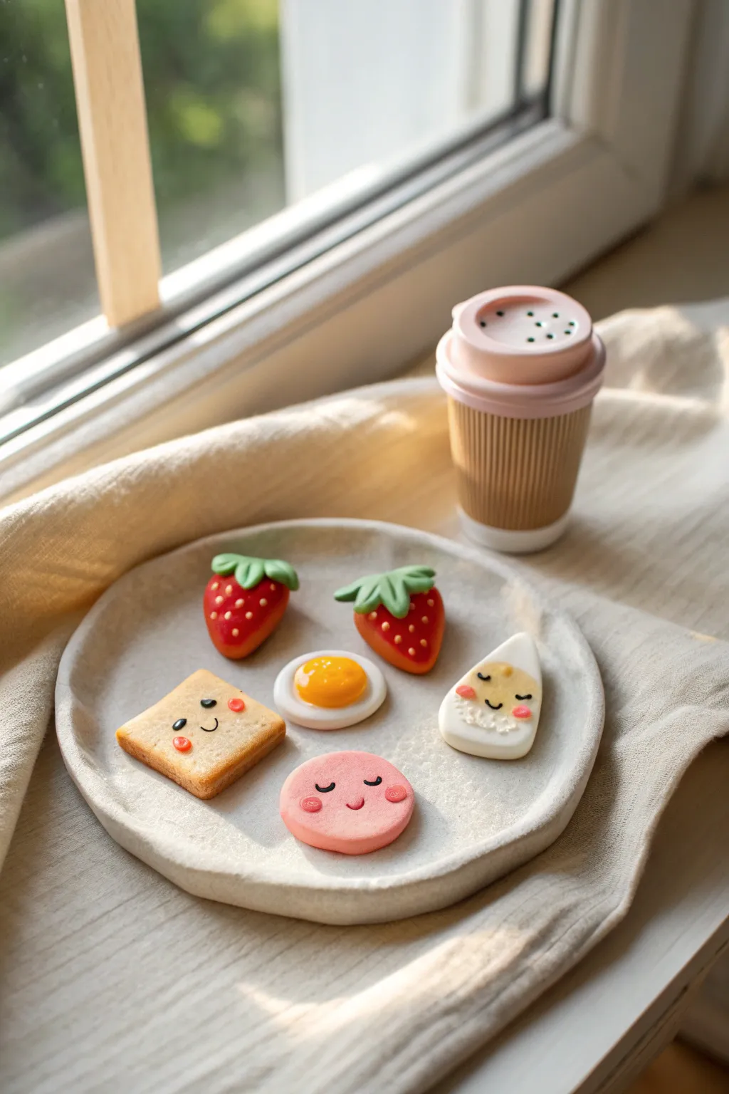Candy colored kawaii clay food minis with sweet faces on a minimalist ceramic dish.