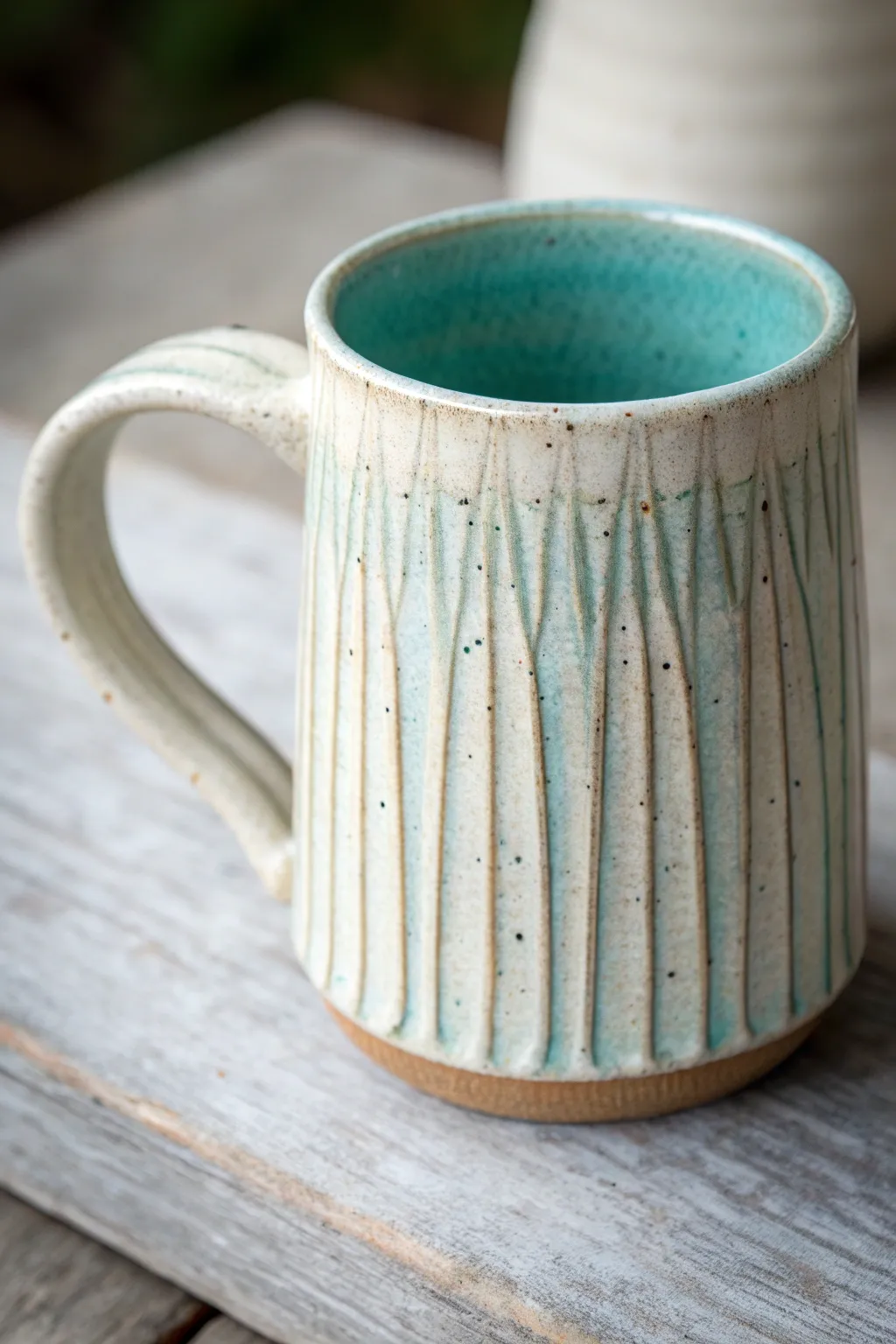 Breaking glaze on a carved mug, pale on ridges and deep in grooves for instant depth.