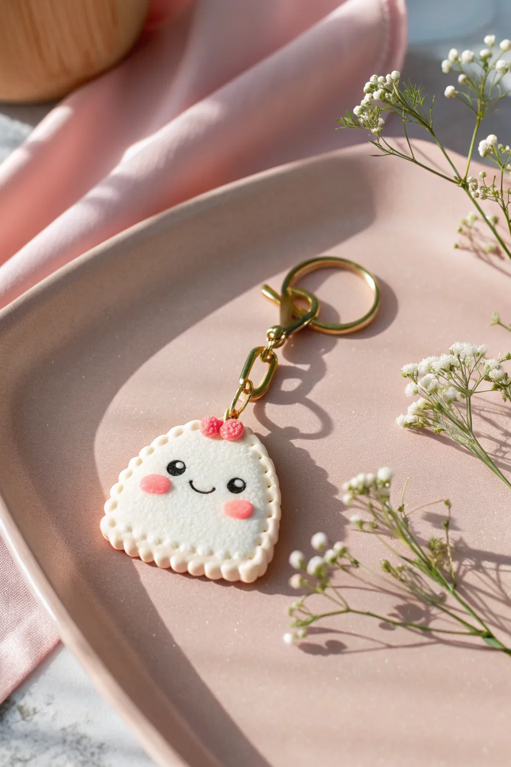 Kawaii polymer clay snack charm key tag in soft pastels, minimalist boho and handcrafted joy.