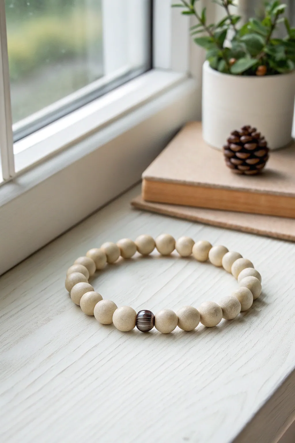 Monochrome clay bead bracelet with a tiny center accent for a calm, minimalist look.
