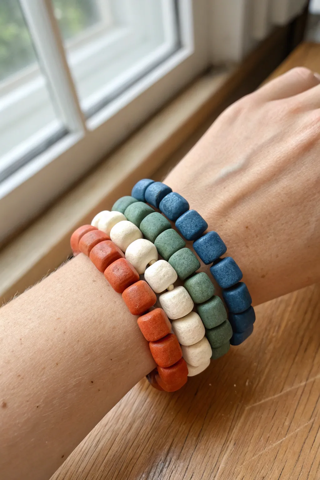 Chunky color-block clay bead bracelets in bold hues for an easy, modern boho stack.
