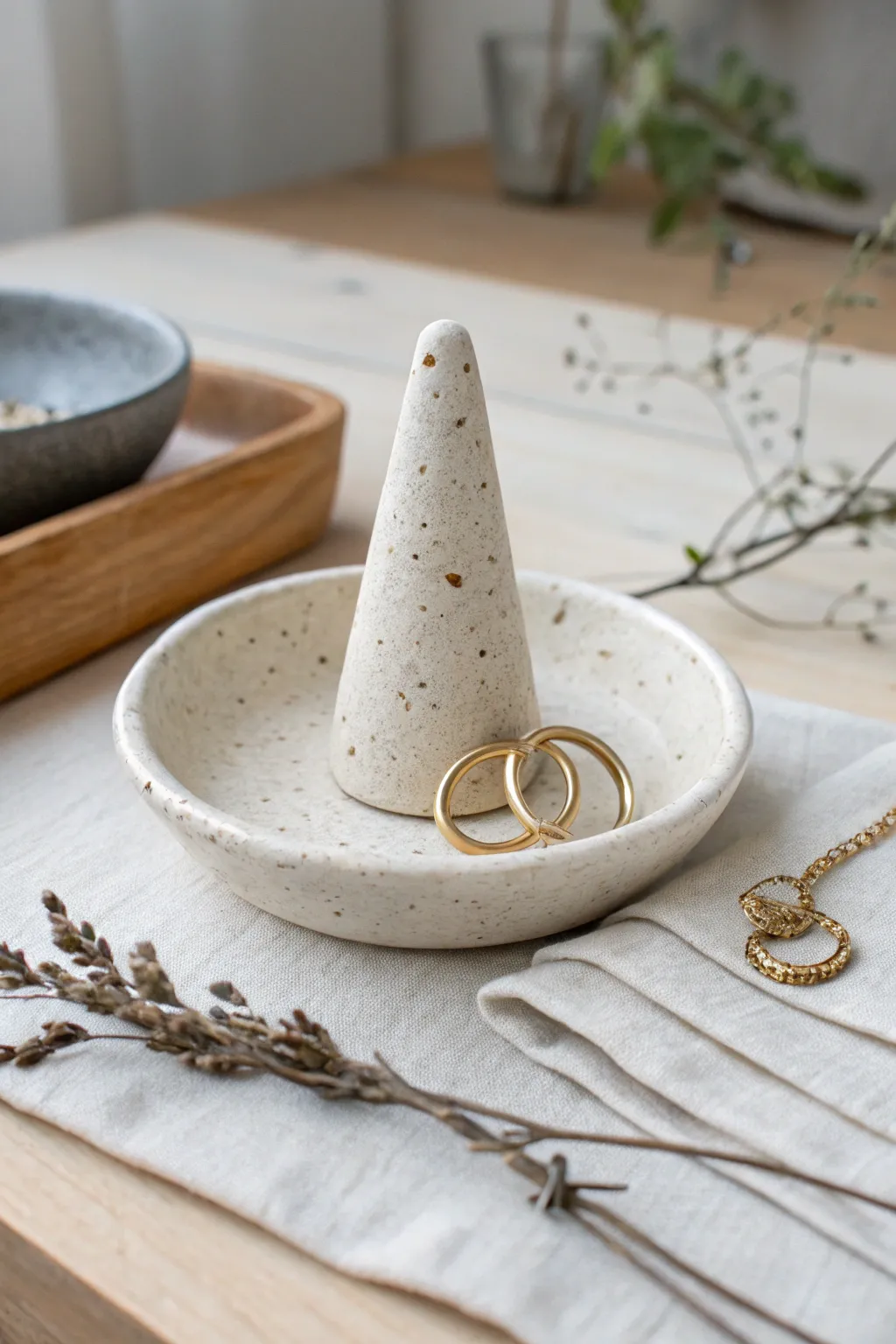 Minimal speckled clay ring cone and mini catch dish, a chic organizer for your vanity