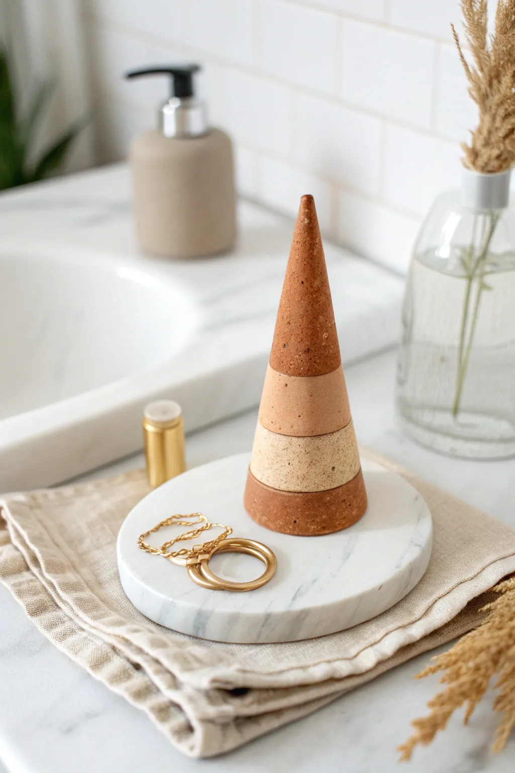 Earthy clay ring cone display with a minimalist boho vibe, perfect for a tidy vanity.