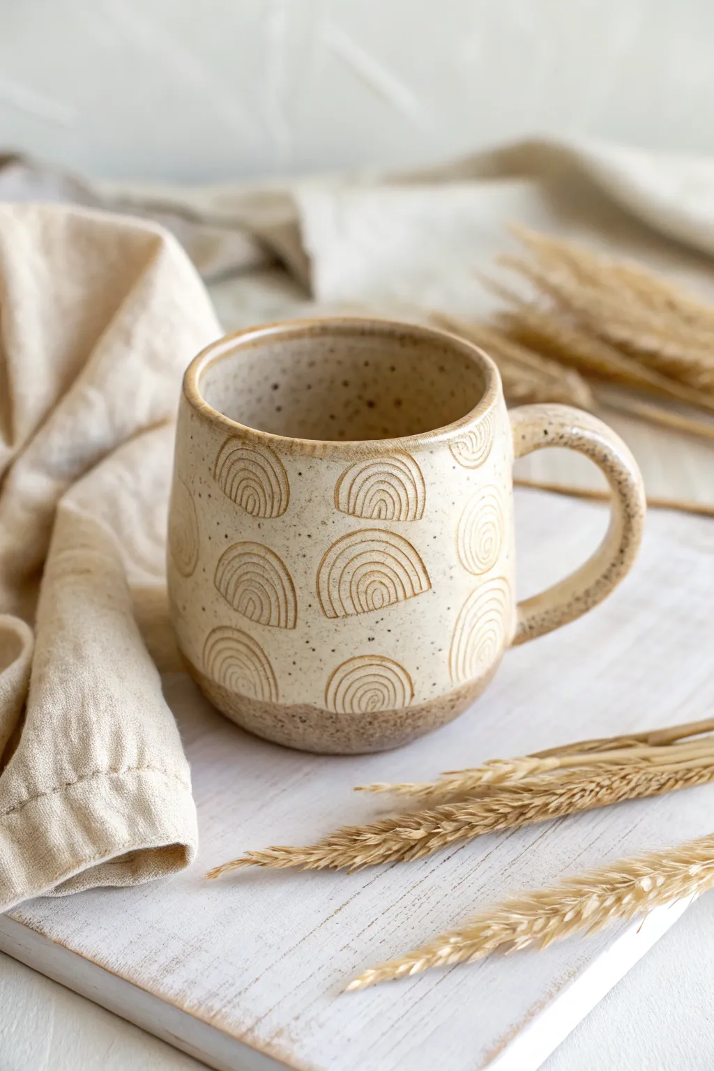 Cozy thumbprint-textured pinch mug in satin glaze, styled simply with linen and warm light