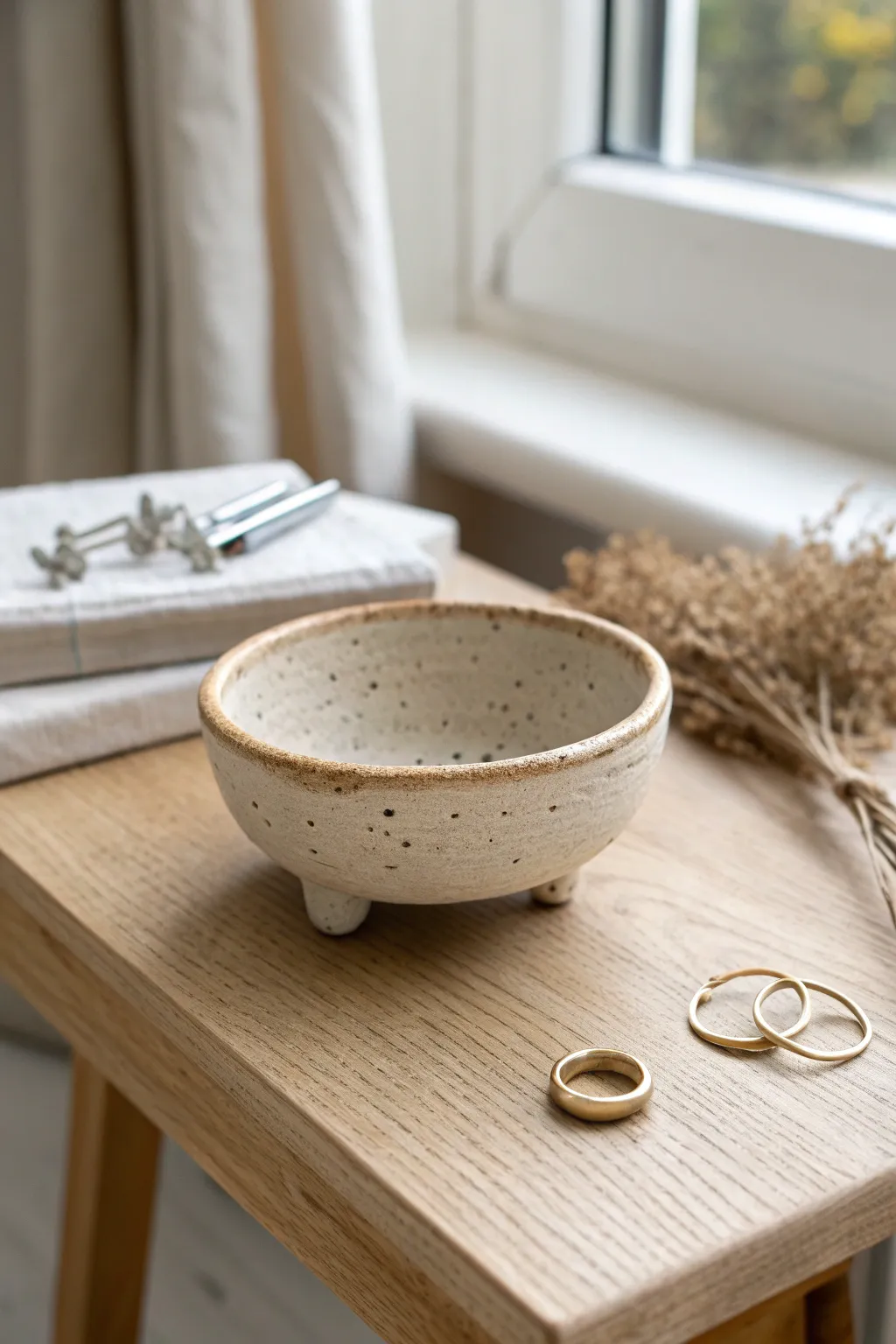 Tiny footed pinch pot dish for rings and clips, minimalist bedside style with boho warmth.