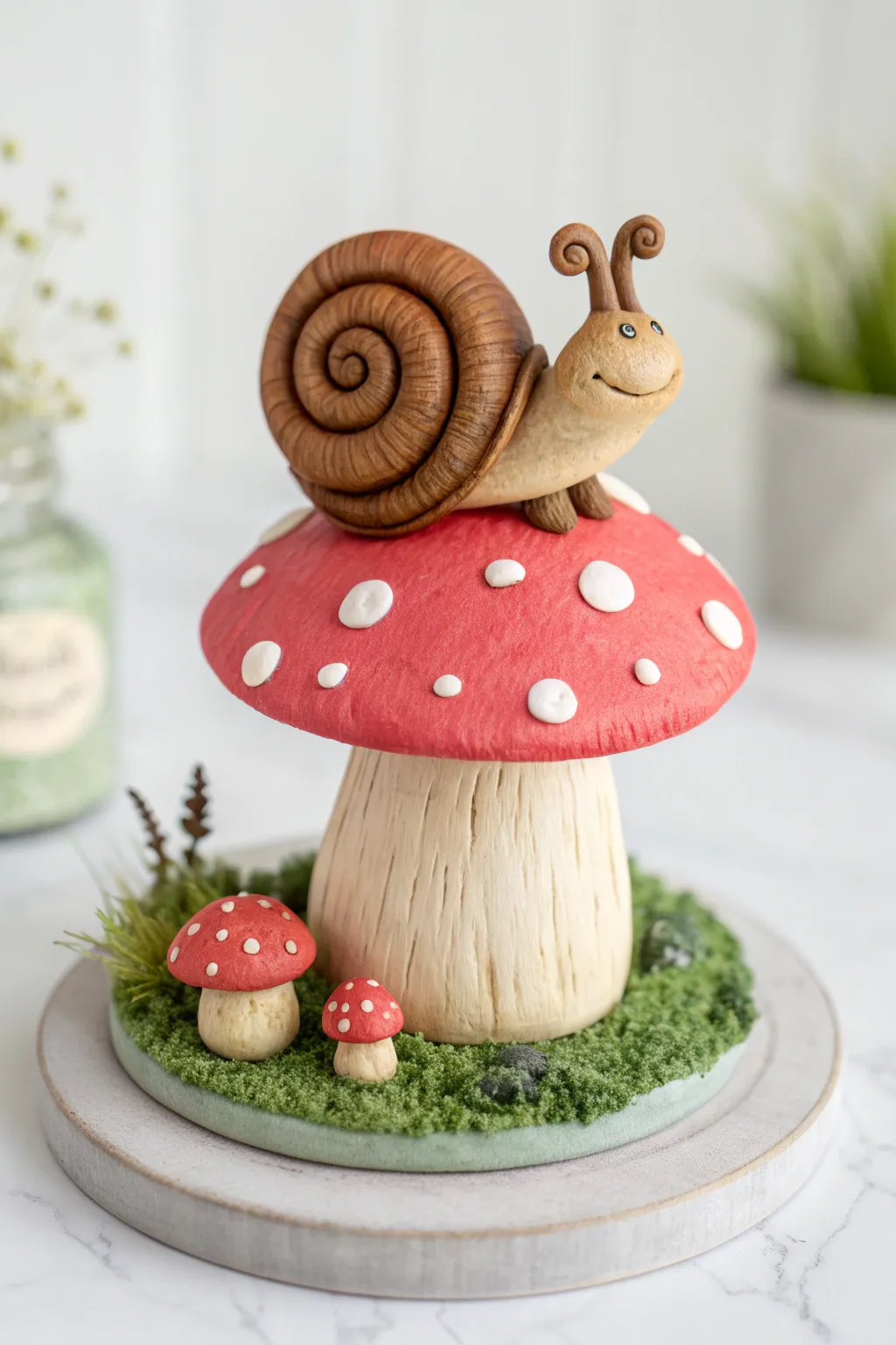 Whimsical snail on a dotted mushroom cap, a cozy mini clay scene with simple Nordic charm