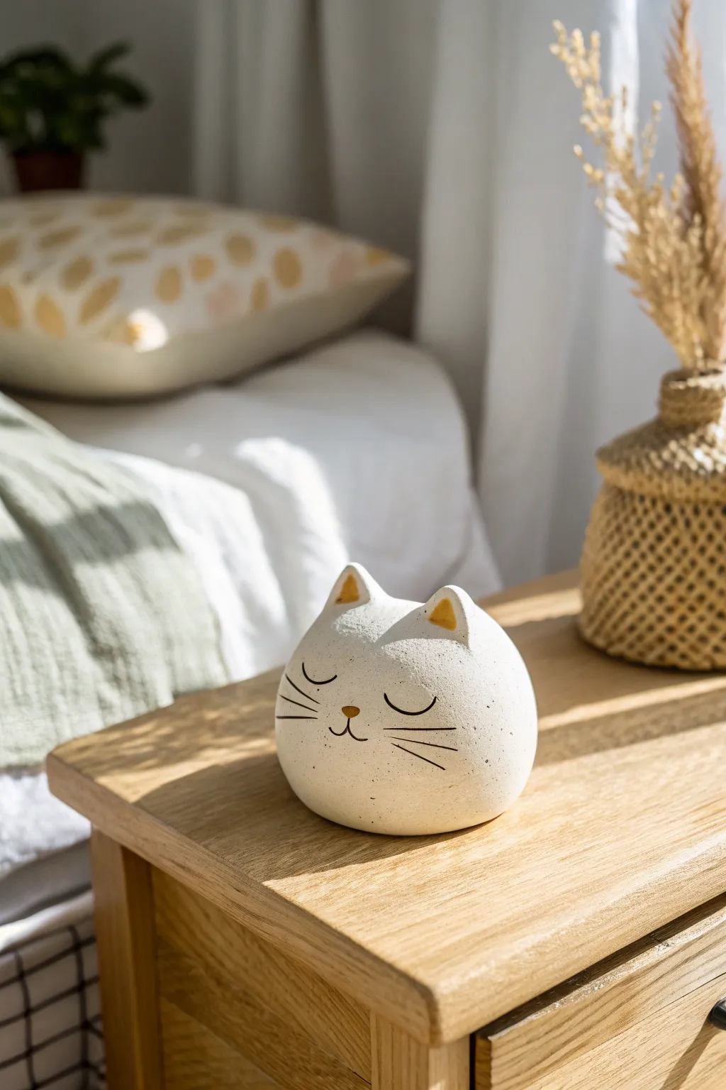 A tiny sleepy clay cat loaf for your bedside, minimalist and handmade with cozy charm