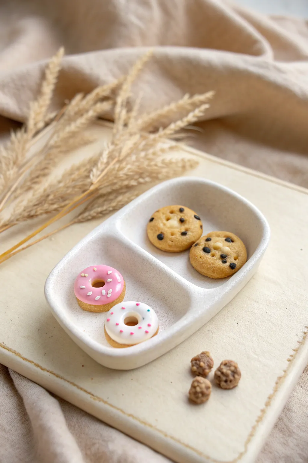 Sweet mini dessert studs with glossy icing, styled on a minimal dish for cozy Scandi vibes.