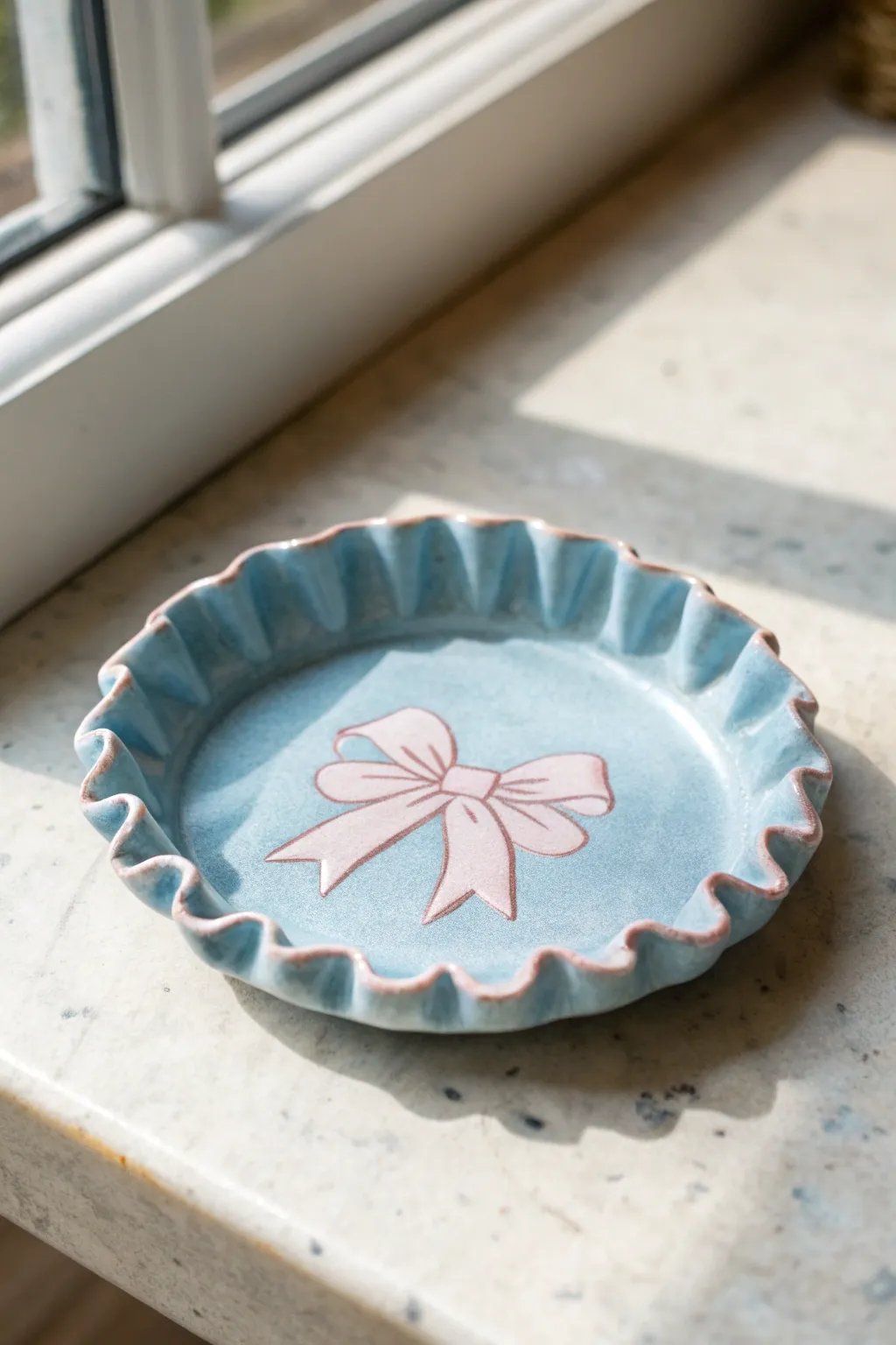Baby blue ruffled jewelry plate with a sweet ribbon motif, minimalist coquette charm.