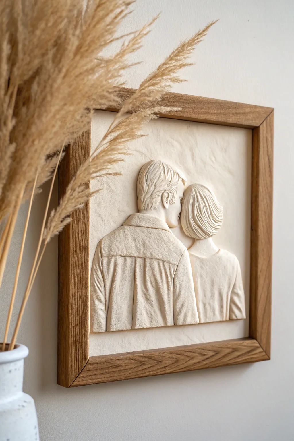 Faceless back-view couple clay portrait in a simple frame, soft textures and cozy minimal vibes