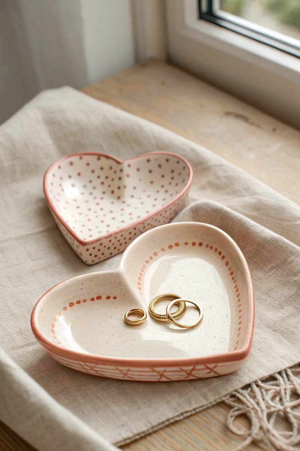 A sweet couples clay challenge: matching heart trinket dishes with simple stamps and ring styling