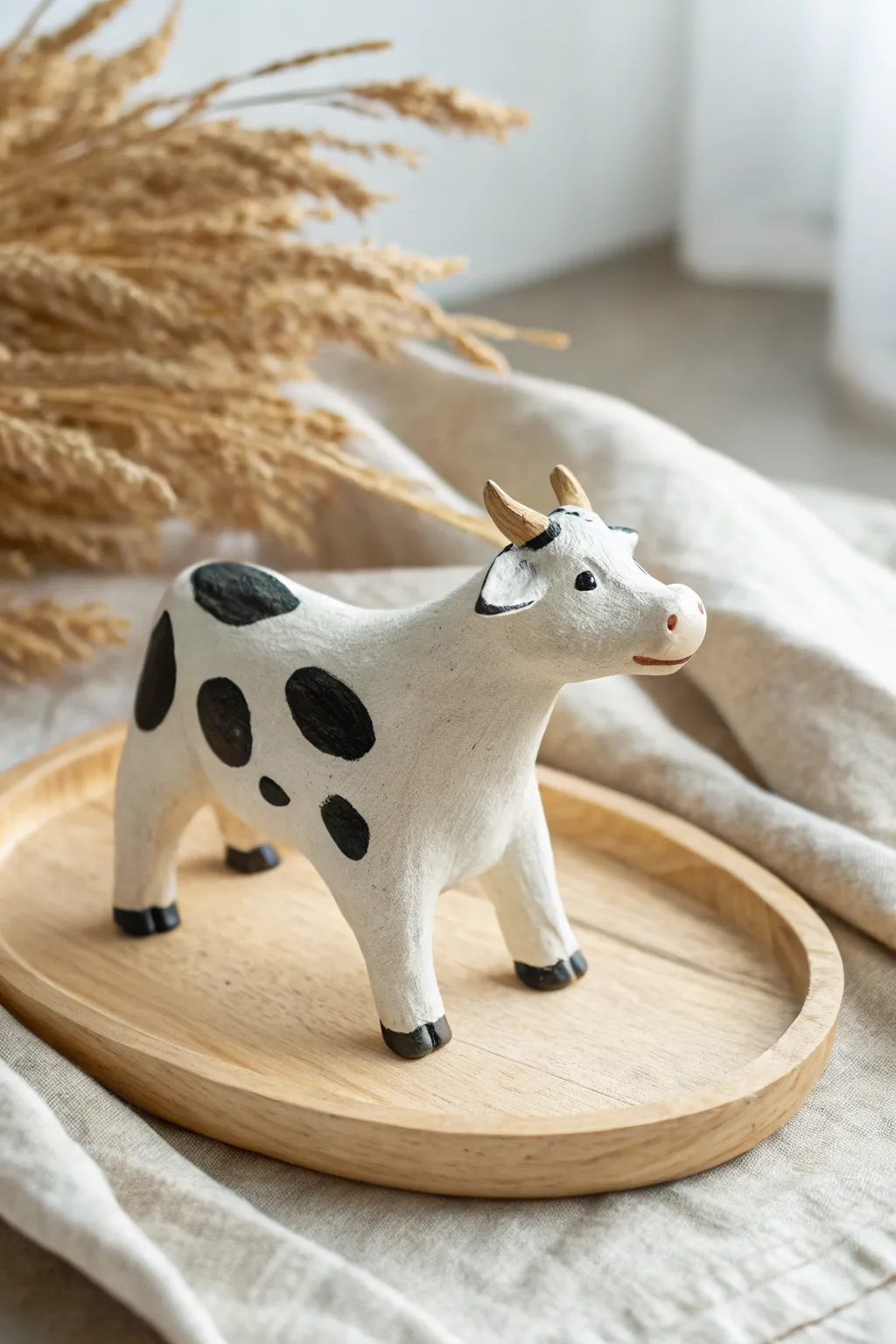 Holstein-inspired clay cow with bold black spots for easy pattern variation and charm