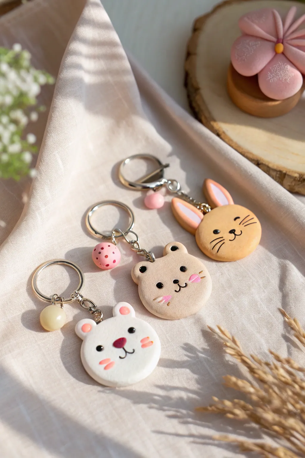 Sweet clay animal charm keychain in soft pastels, minimalist and boho with handmade warmth