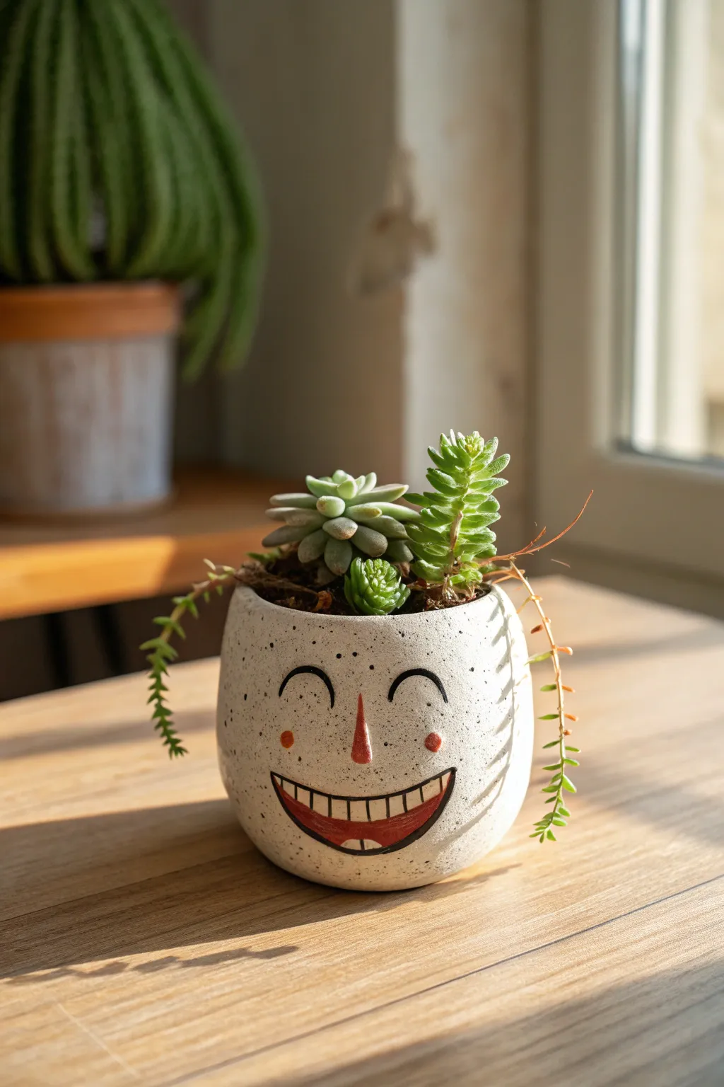 A cheeky toothy mini planter head with wild green hair, minimal Scandinavian boho charm.