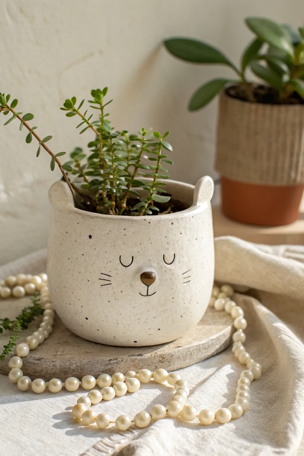 Minimal animal peek-a-boo planter in warm matte clay, a sweet way to style tiny plants