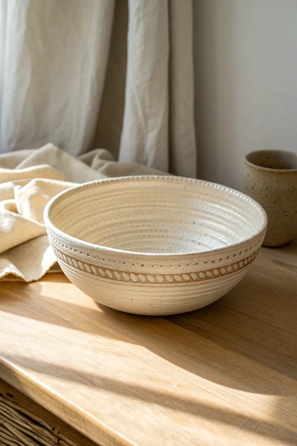 Easy coil bowl with a softly textured rim, minimal Nordic style and warm natural light
