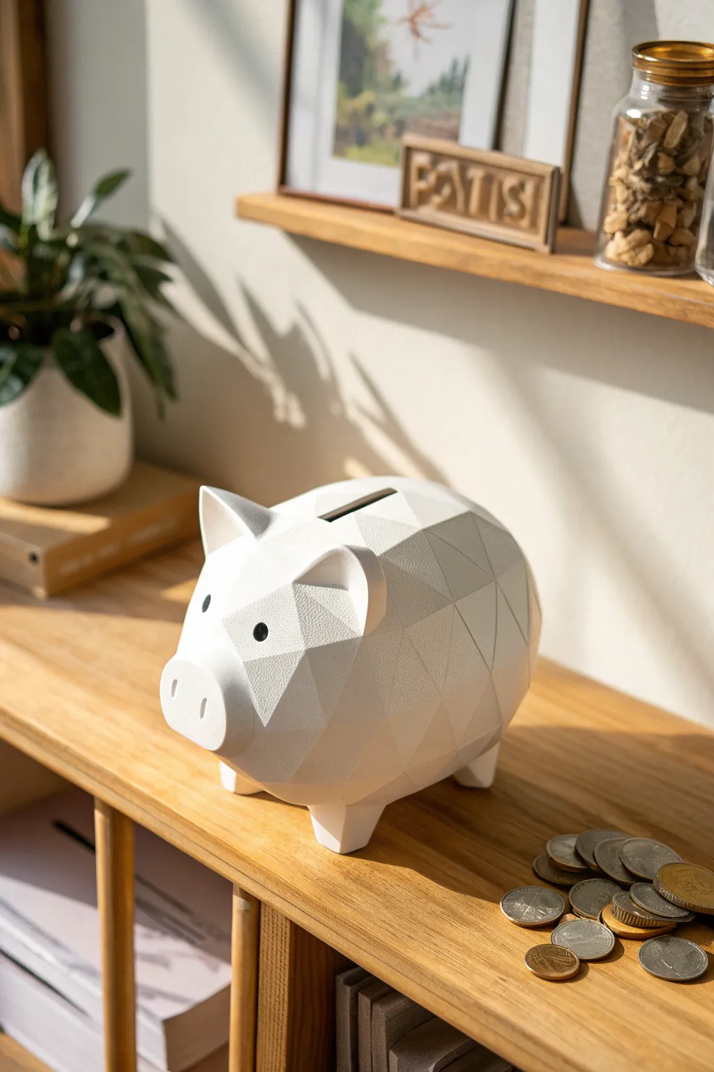 Minimal modern clay pig bank in matte white, styled simply for a calm Scandinavian shelf moment.