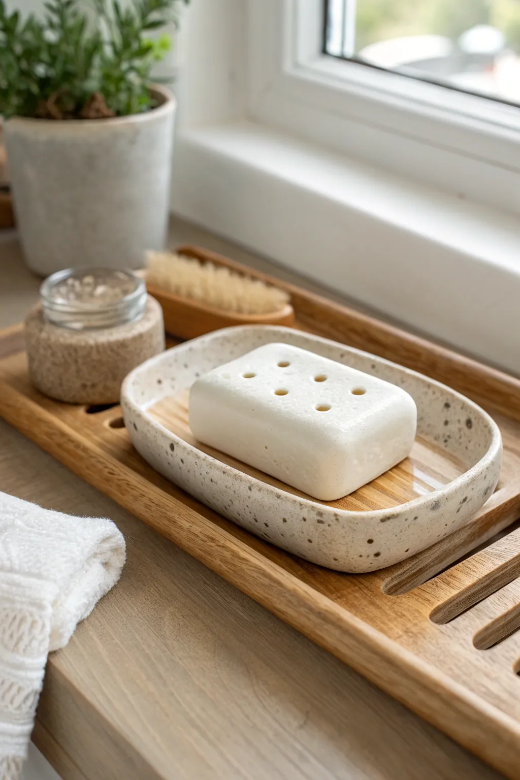 Minimalist slab-built soap dish with speckled matte finish for a tidy, handmade bathroom look