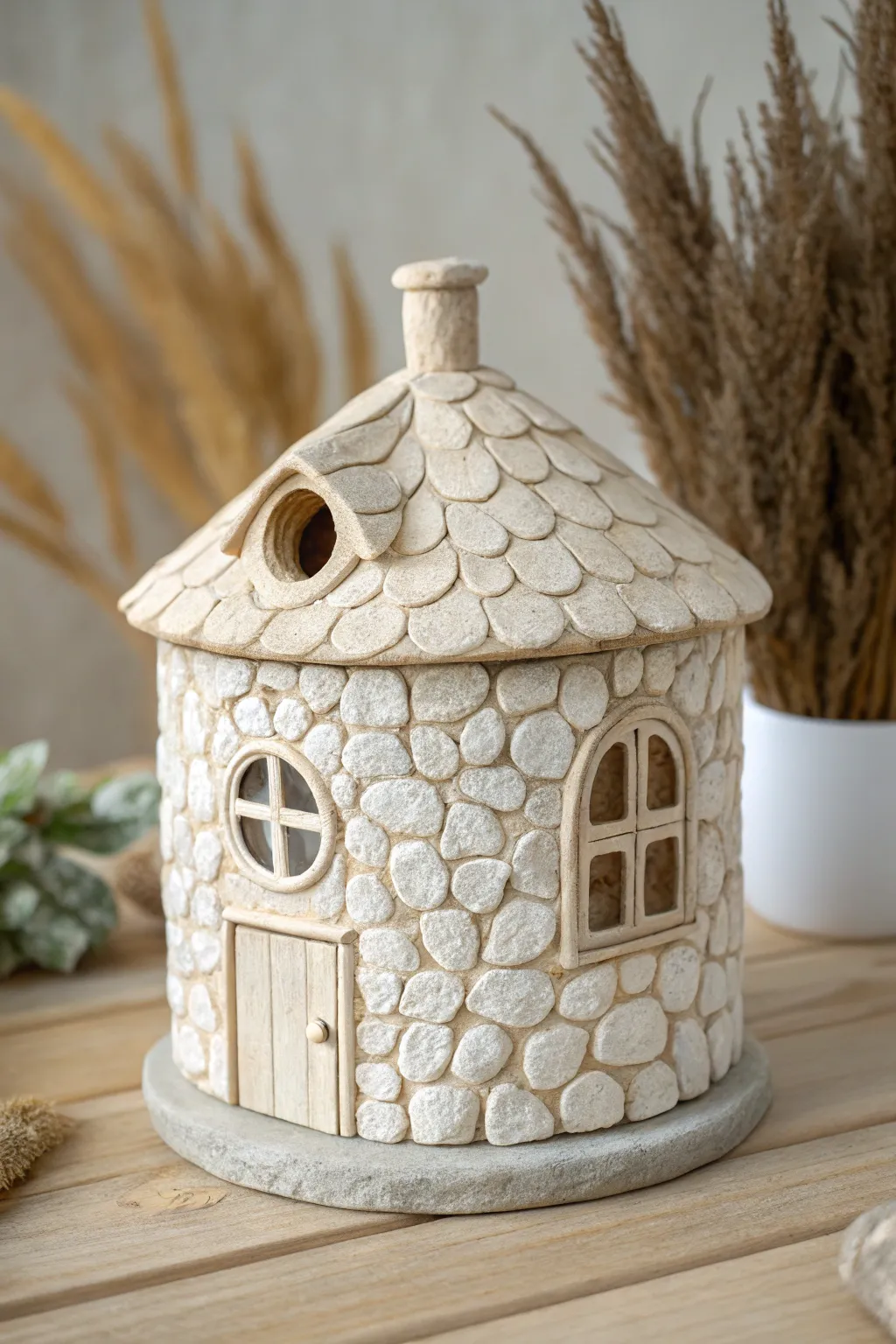 Faux stone masonry jar house with a round window and tiny chimney, minimalist and cozy.