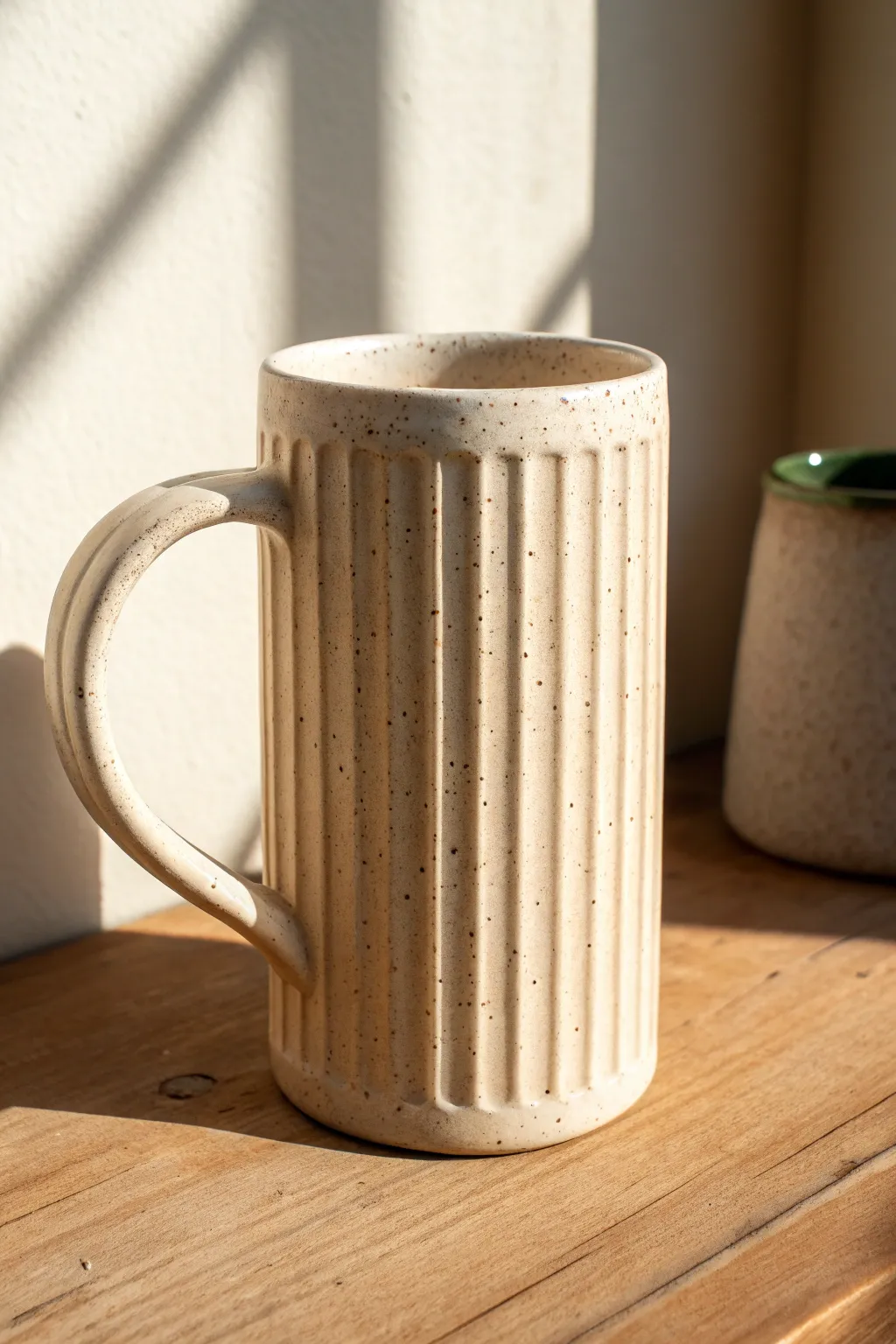 Fluted rib mug with a thumb groove, minimalist and cozy with crisp shadowed texture.