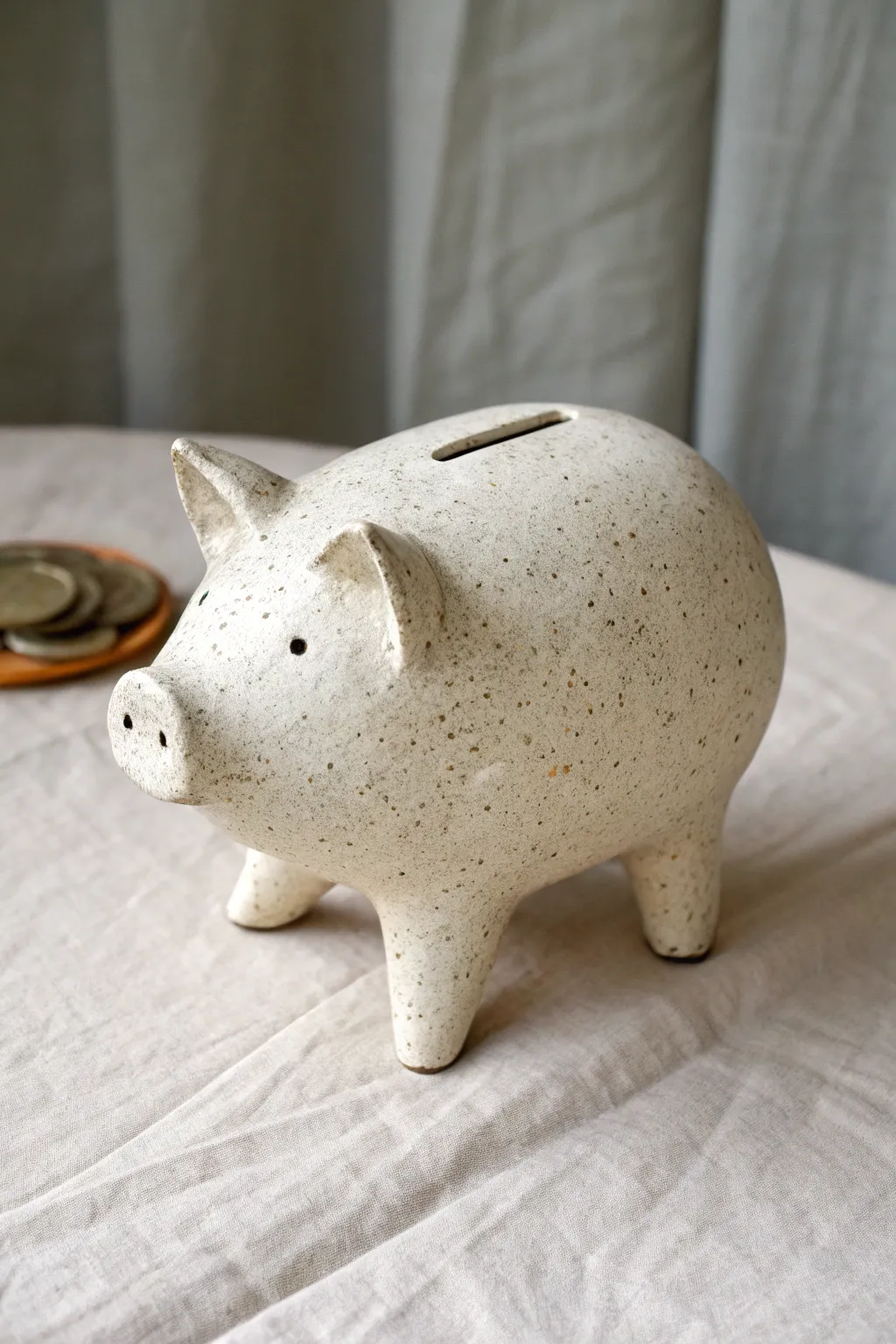 Minimalist clay piggy bank on sturdy cone legs, a sweet Scandinavian boho accent.