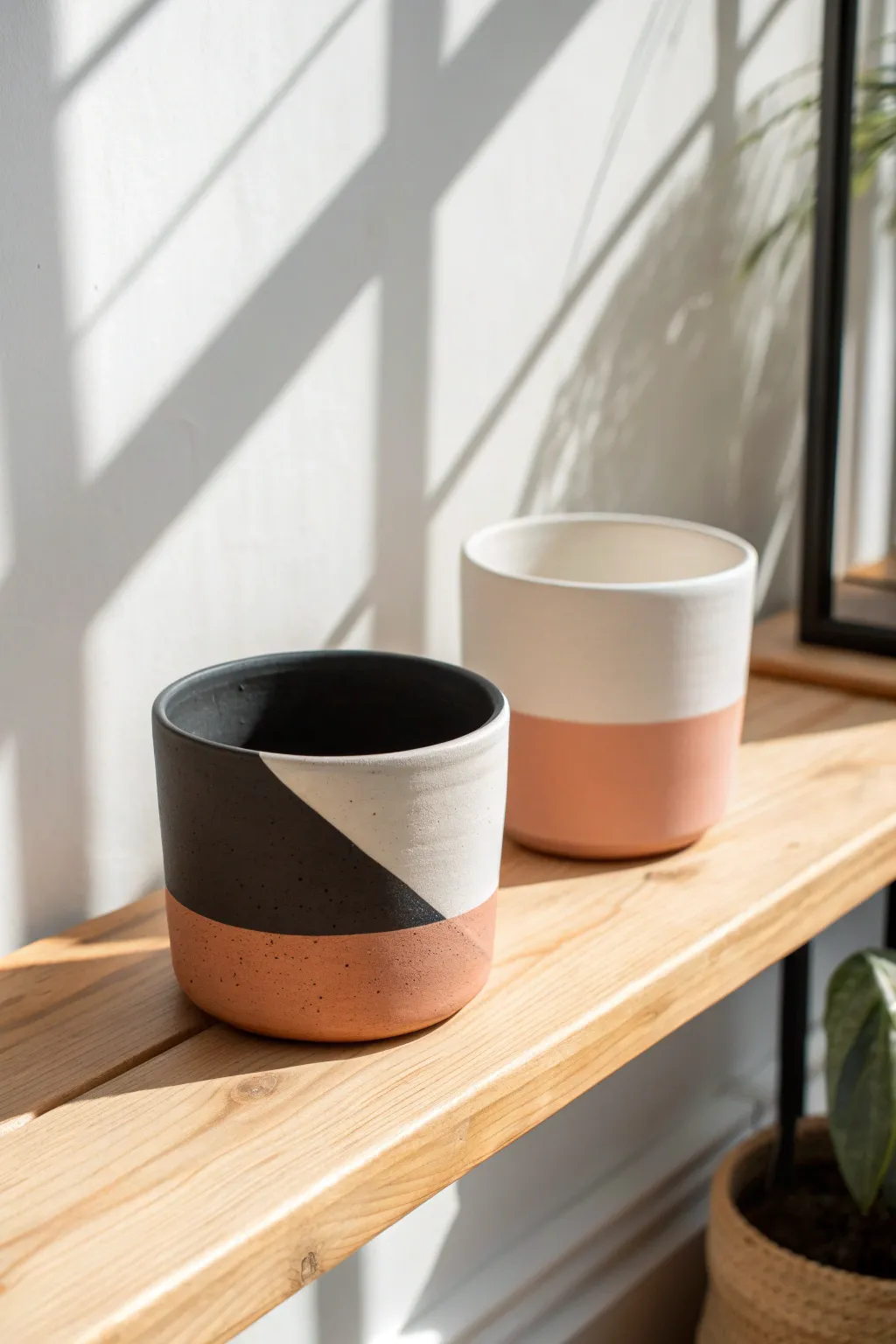 Modern color-block clay pots in bold diagonals and soft neutrals for an easy DIY upgrade