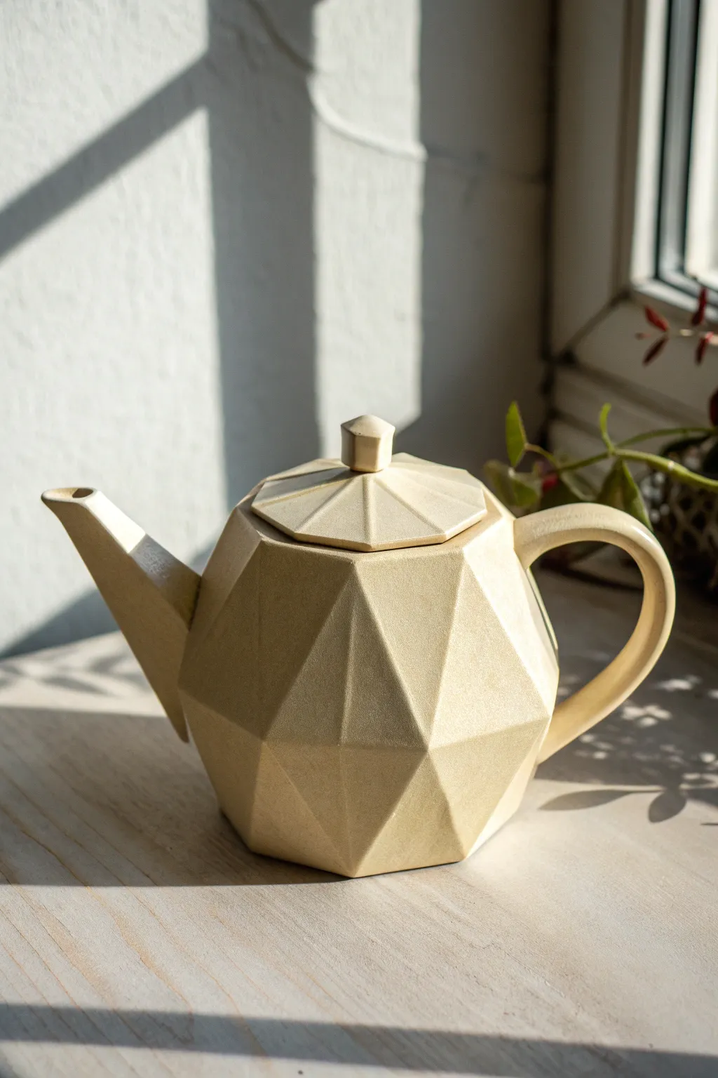 Simple faceted clay teapot in satin glaze, clean angles and calm Nordic boho vibes.