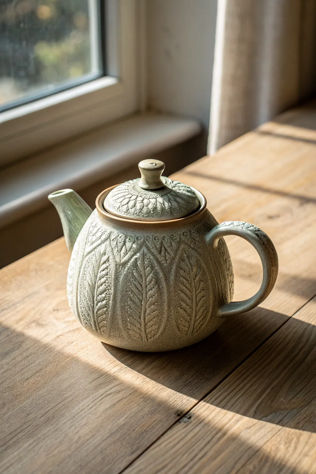 Stamped texture teapot in matte neutral glaze, showcasing crisp shadows and handmade charm.