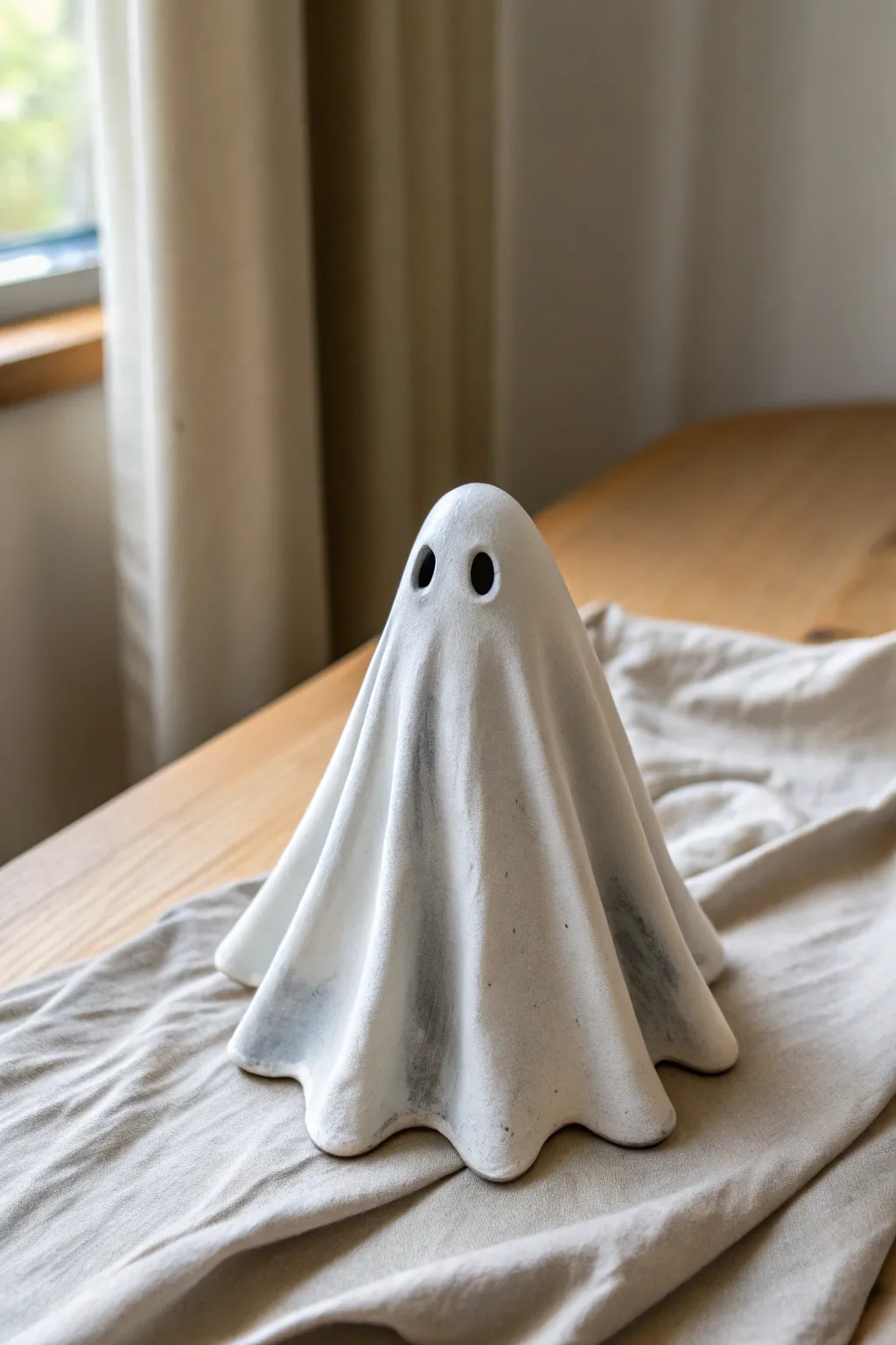 Hauntingly cute draped clay ghost with hollow eyes, minimalist Nordic mood for spooky decor.