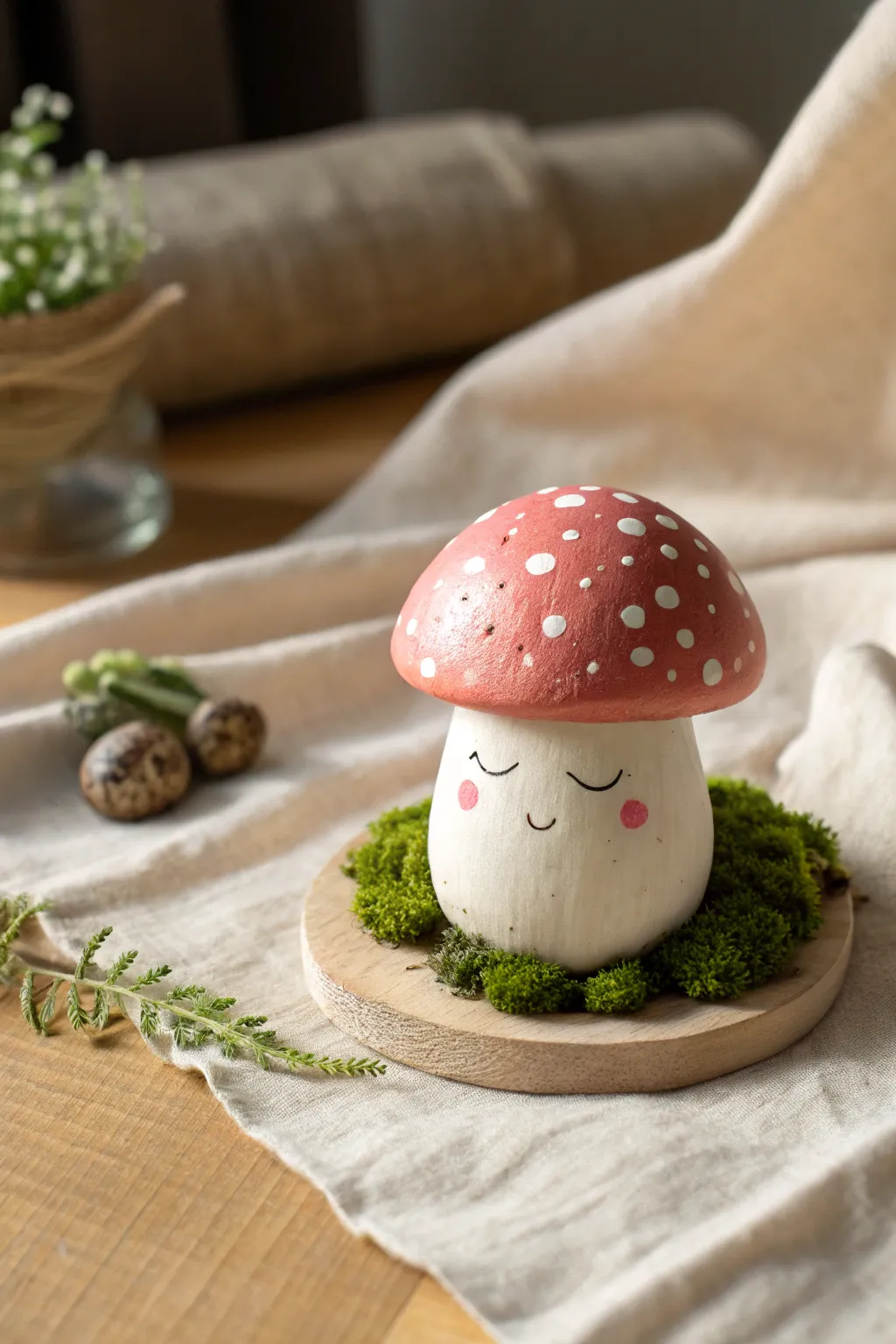 Kawaii air-dry clay toadstool with speckles and smile, cozy minimalist boho styling