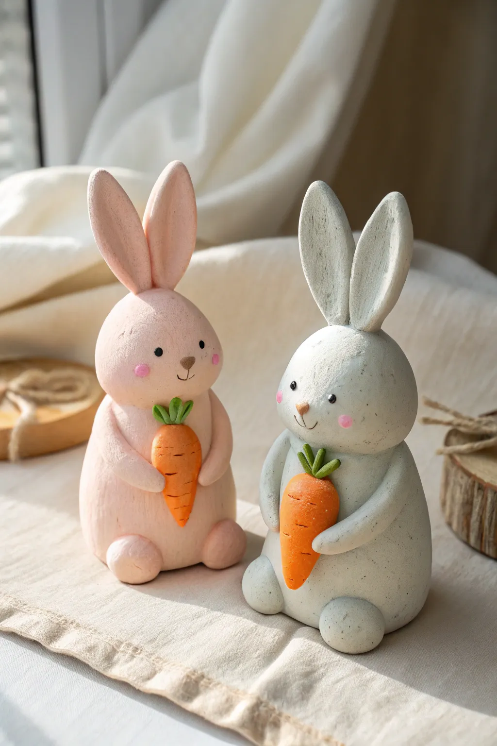 Two pastel air dry clay bunnies with tiny carrots, minimalist spring decor you can DIY.
