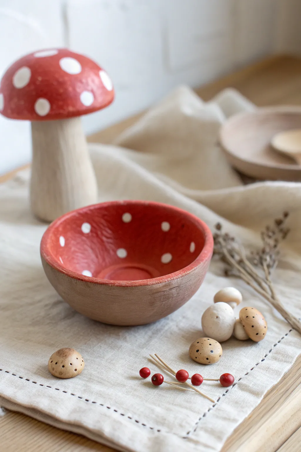 Tiny mushroom trinket bowl in air dry clay, minimalist styling with soft boho charm