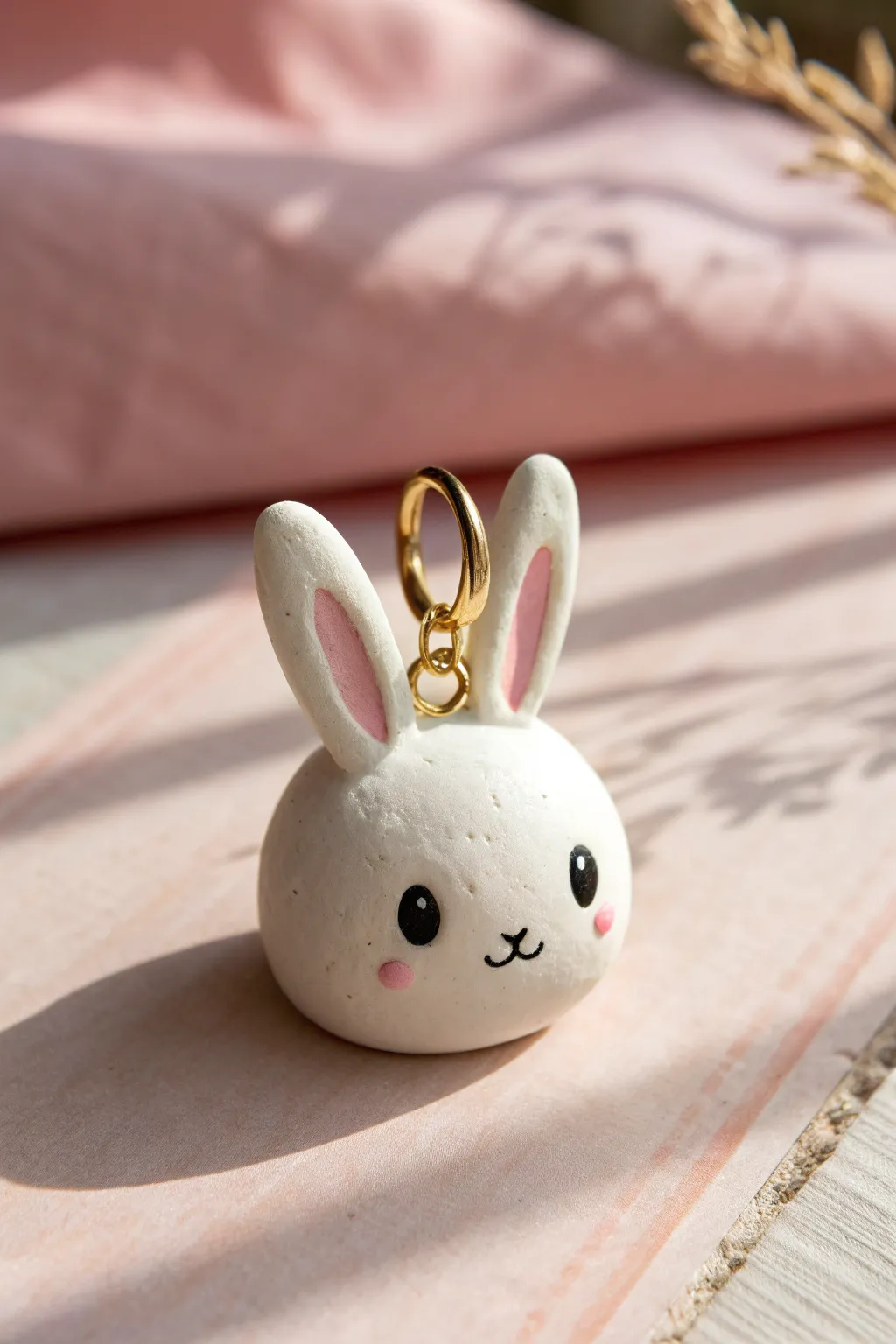 Minimalist kawaii air dry clay bunny head charm on blush pink, an easy beginner-friendly idea
