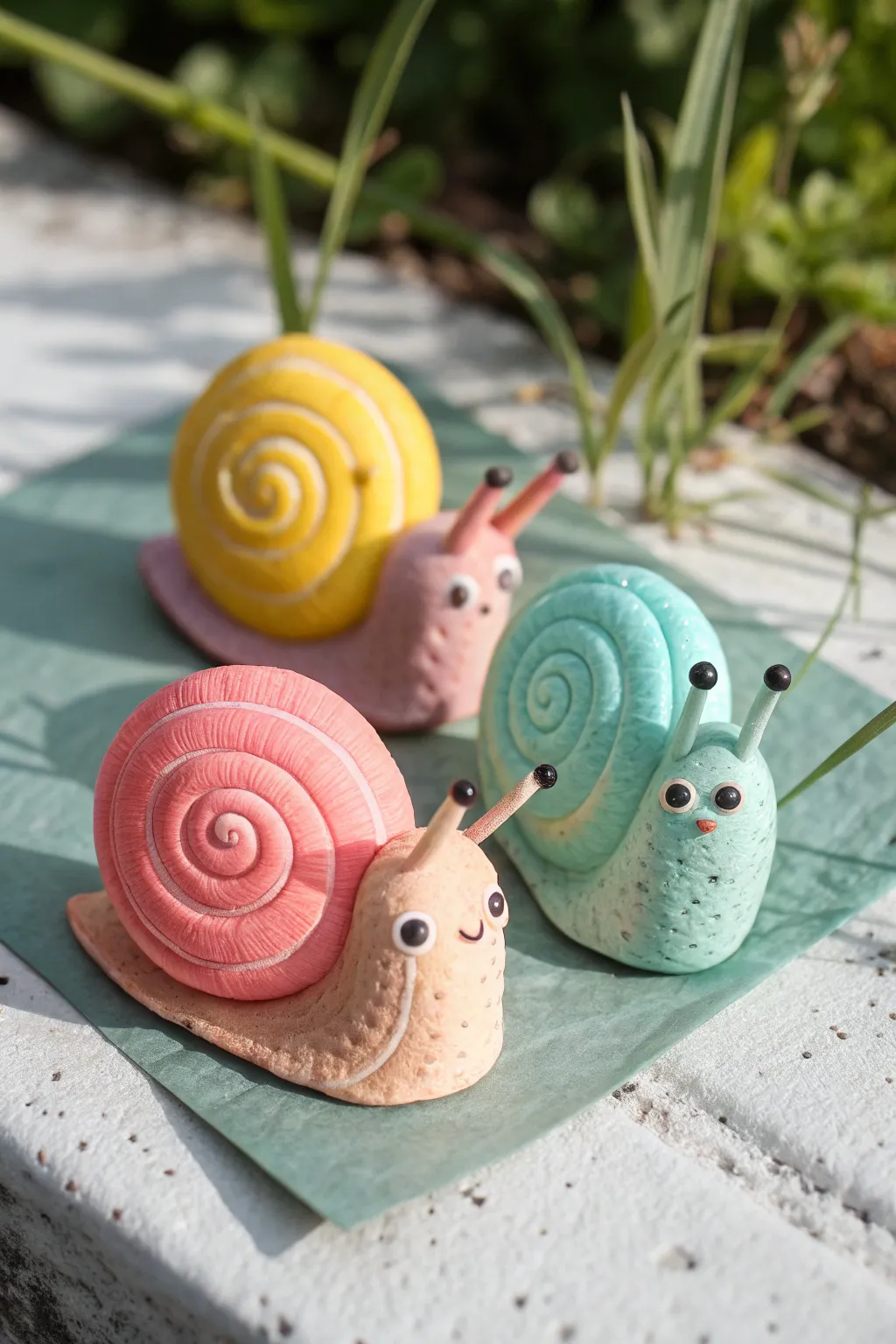 Mini snail friends made from air dry clay, bright swirls and rosy cheeks for kid friendly fun