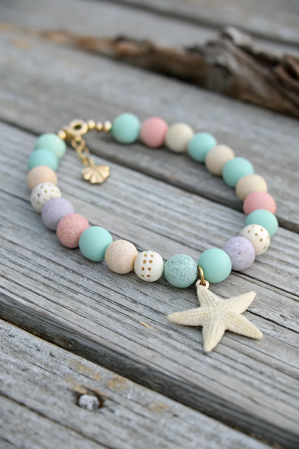 Pastel clay beads and a tiny starfish charm for the sweetest beach babe bracelet vibe