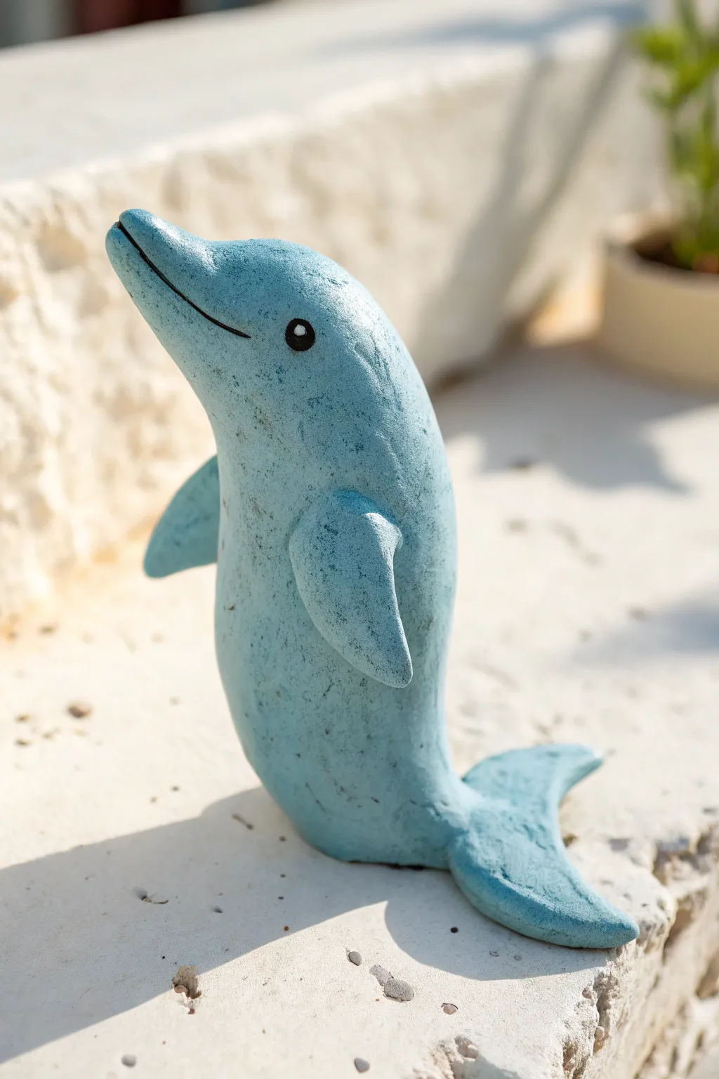 Sweet sky-blue dolphin figurine with tiny smile, a simple joyful clay project for beginners.