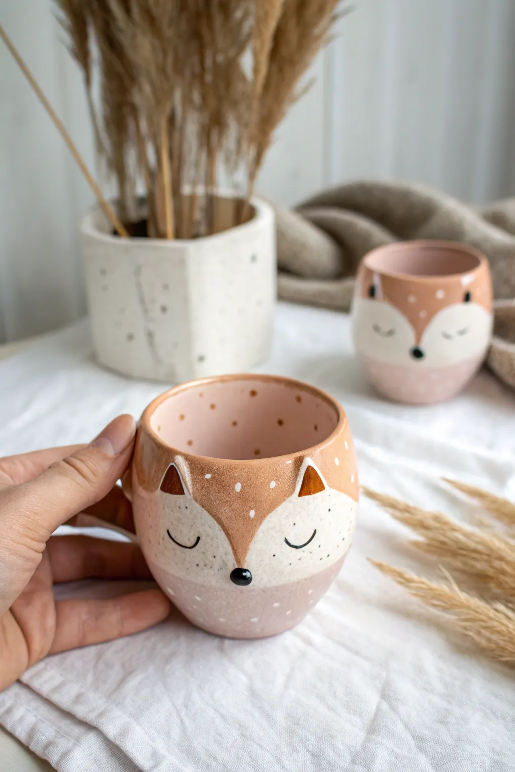 Adorable pinch-pot critter cup idea: a tiny fox cup in blush glaze with sweet minimalist details