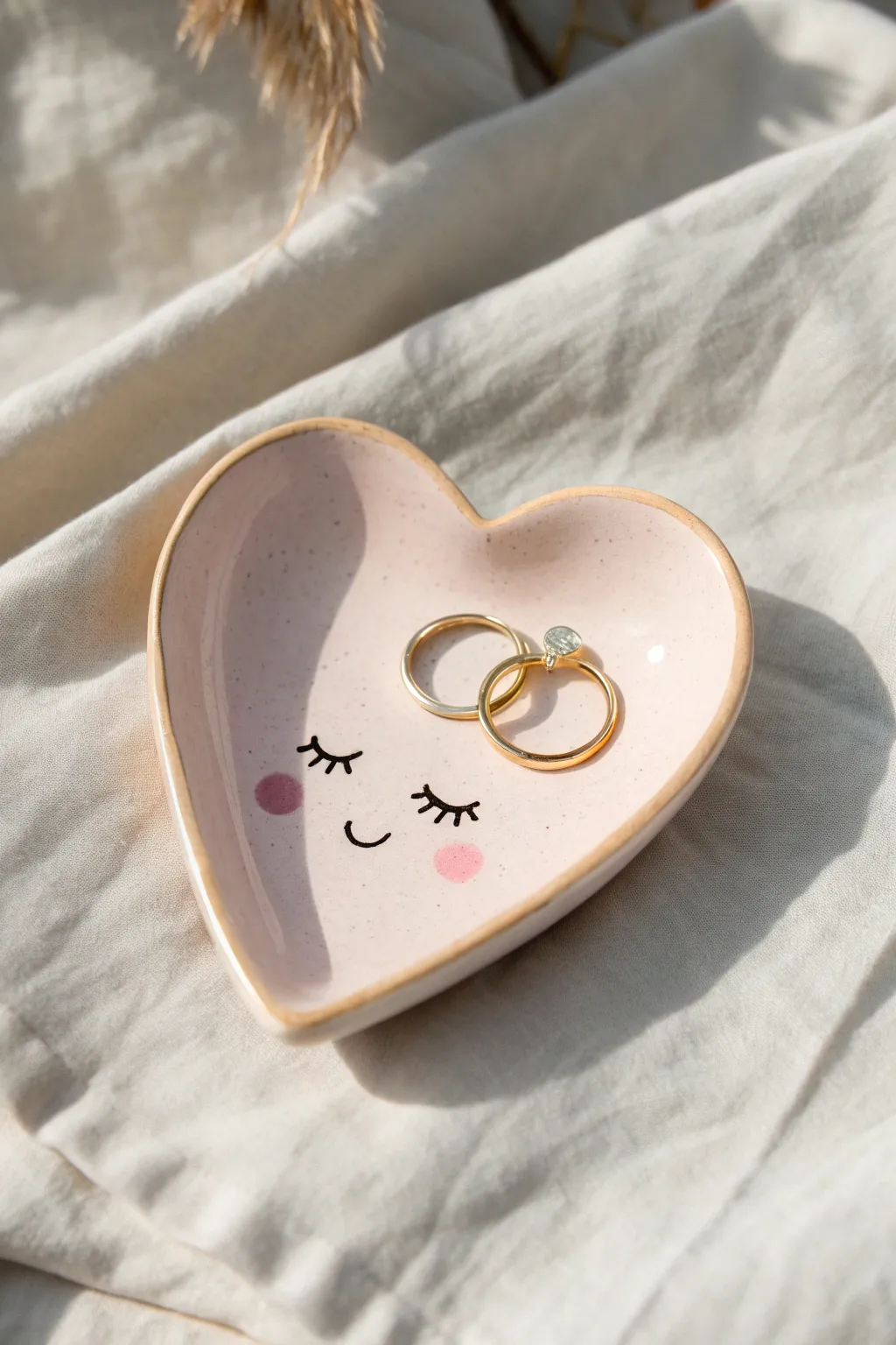 Blush heart trinket dish with a sweet face, perfect for rings and earrings on linen