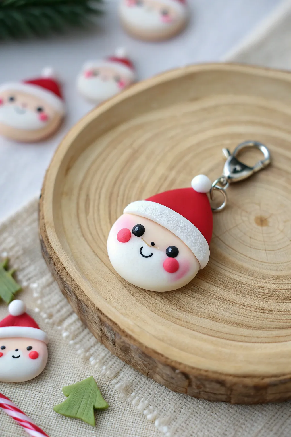 Adorable chibi Santa face charm in polymer clay, perfect for easy handmade Christmas decor.