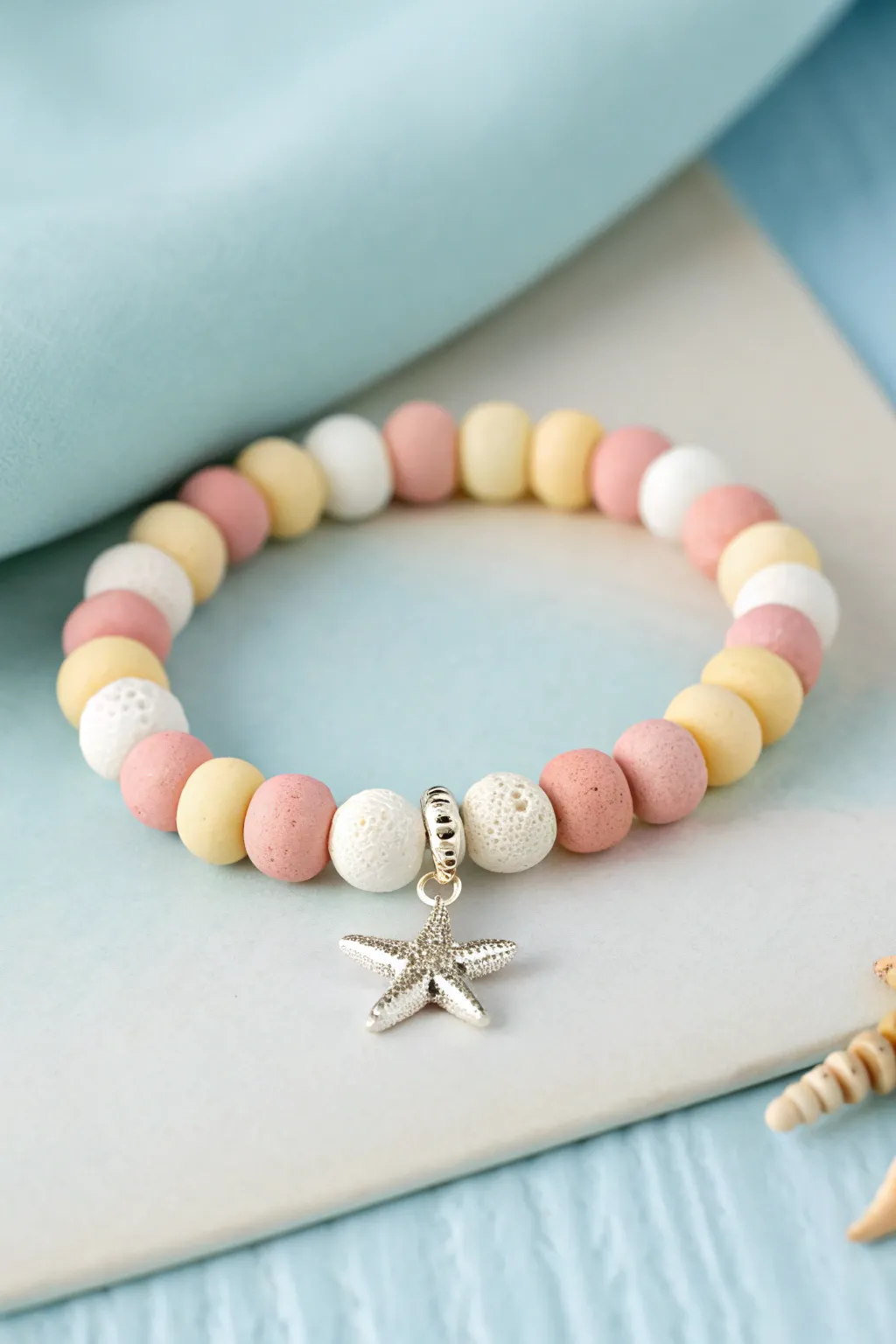 Pastel clay bead bracelet with a simple starfish charm for soft beachy vibes