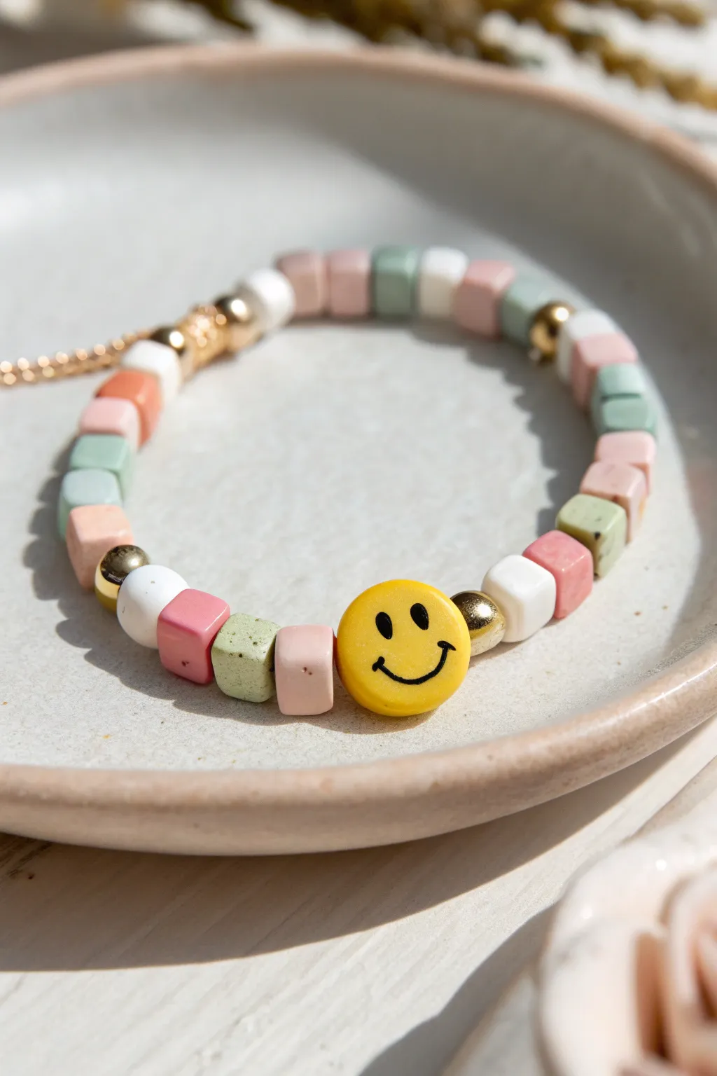 Smiley center clay bead bracelet with soft pastel blocks and clean minimalist boho styling